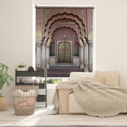 Indian heritage blackout window blind showing a Rajasthani palace doorway with scalloped arches, marble columns and a brass door - Lolli & Omi
